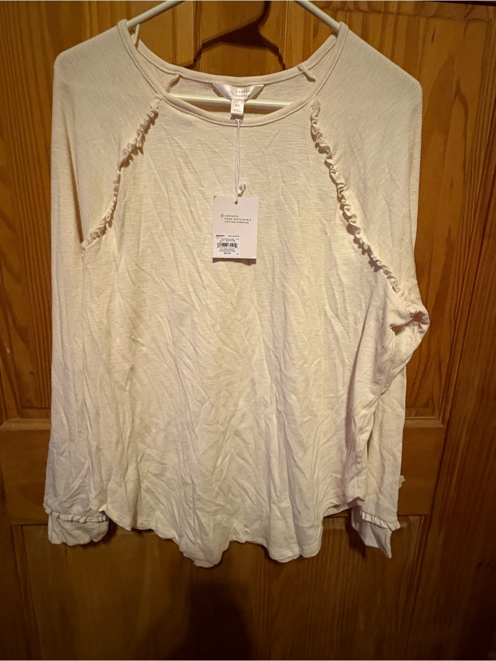 LC Lauren Conrad Cream Ruffle-Trim Long Sleeve Tee